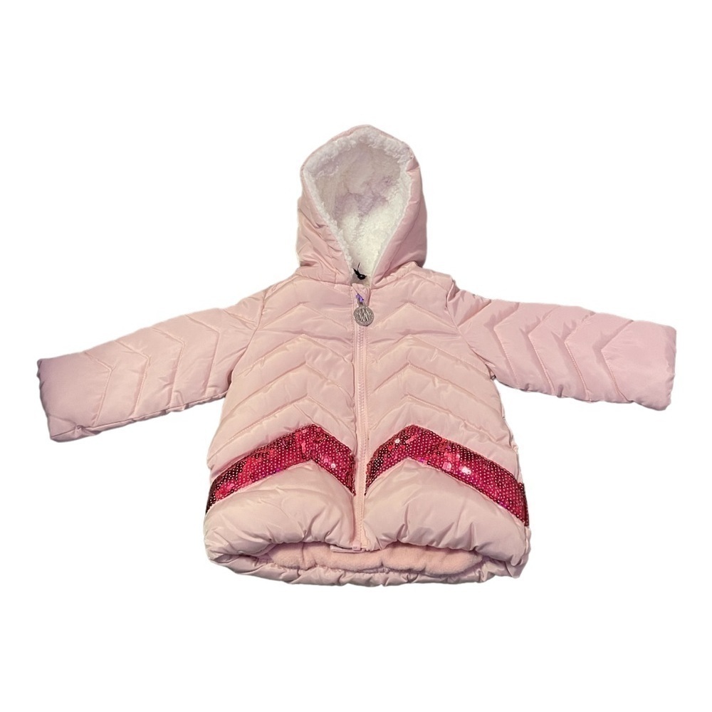 𝅺dkny Pink Hooded Puffer Jacket With Dark Pink Sequins Size 12 months